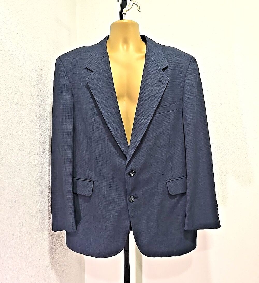 Palm Beach Mens 46L Blazer Plaid Check Blue Tweed Sport Coat Jacket Wool Vintage